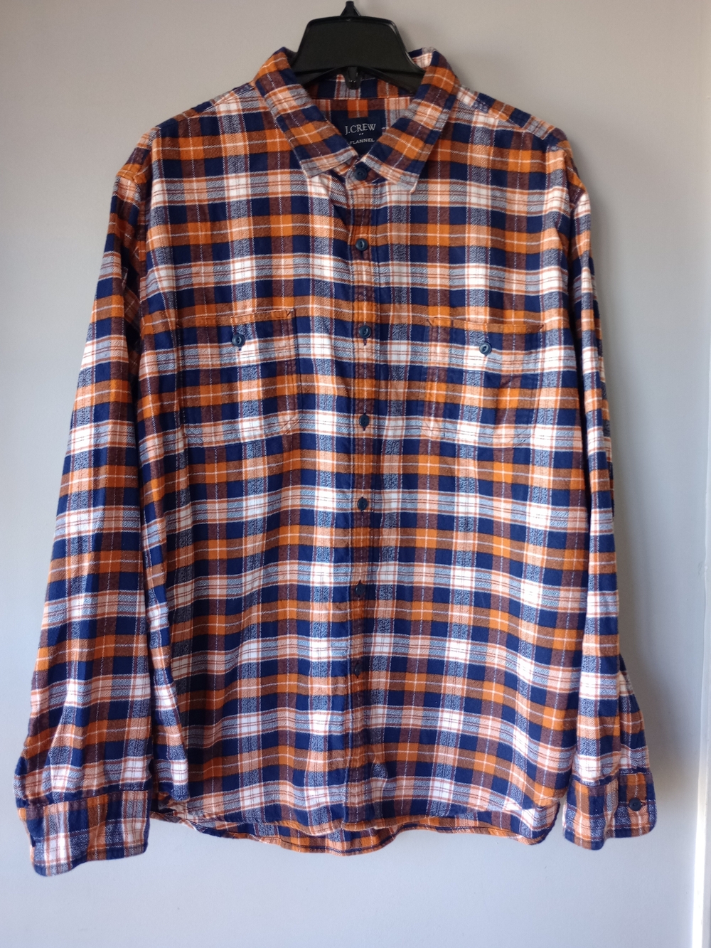 J. Crew Men Plaid Flannel Button Shirt Orange Blue Long Sleeve XXL Outdoor Gorp
